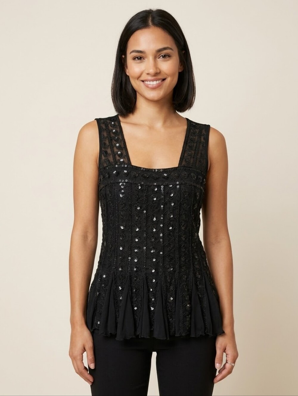 Fresh FX Y2K Black Sequined Mesh Lace Layered Sleeveless Top M Whimsigoth